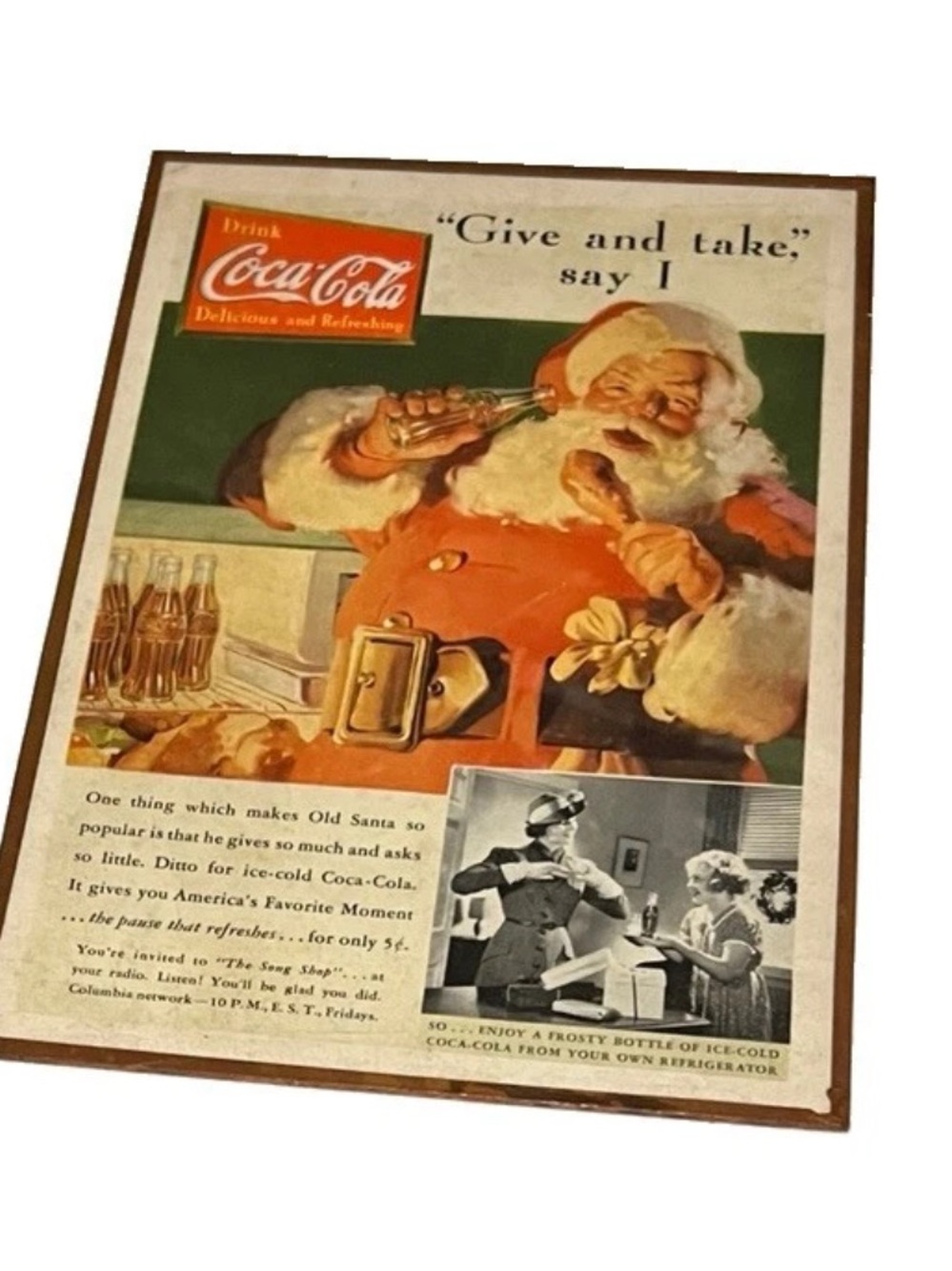1937 COCA-COLA Santa Claus w Coke Christmas Harvey Wall Hangers Original Copper